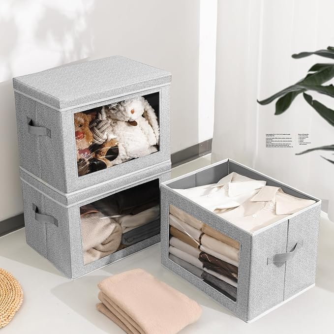Homsorout Storage Bins with Lids, 3 Pack Large Storage Cubes with Window, Closet Bins with Lids & Handles, Fabric Box for Organizing Clothes, Towels, Books, Blended