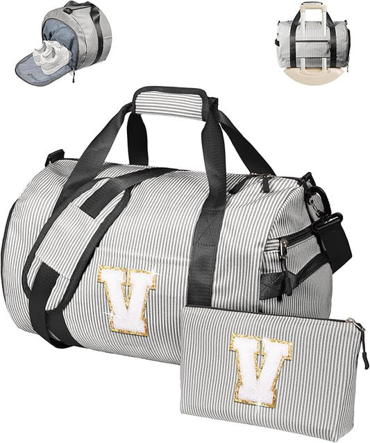 Gifts for Preteen, Girl Gym Bag, Kids Monogram Overnight Duffel Bags with Shoe Compartment, Personalized Travel Bag with Makeup Pouch, Kindergarten Gift for Niece Daughter Sister (Letter V)