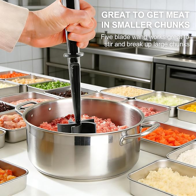 8Pcs Ground Meat Chopper - Nylon Nonstick Ground Beef Chopper with 5 Curved Blades & Ergonomic Non-Slip Handle, Dishwasher Safe Sturdy Meat Masher, Heat-Resistant Potato Masher for Kitchen