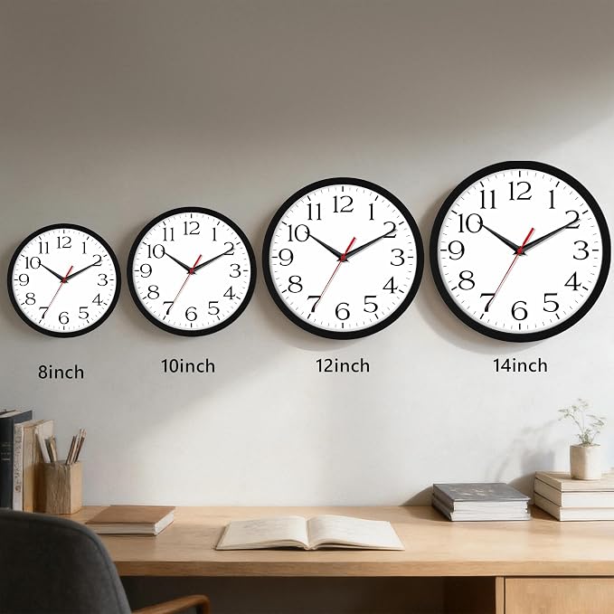 DAXSMY 12 Inch Wall Clock - Battery Operated, Silent Non-Ticking Analog Sweep Movement - Easy to Read Numbers for Home, Office, Kitchen, Classroom (Black)