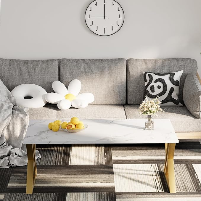 Wolawu Coffee Table Living Room Table White Center Table, Simple Modern Faux Marble Rectangular Tea Tables with Sturdy Gold Metal Frame,Industrial Wooden Coffee Table for Bedroom Home Office