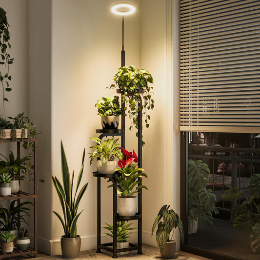 Bamworld Plant Stand Indoor with Grow Light 4 Tier Tall Plant Shelf for Multiple Plants Corner Flower Pot Stands for Patio Living Room Balcony Bedroom Metal(Patent Design)
