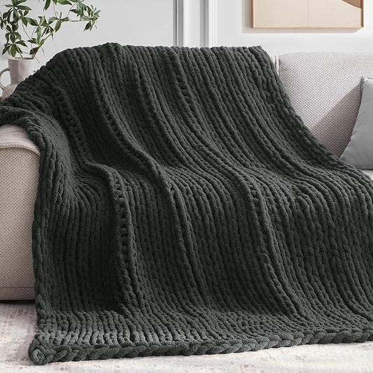 Negwoo Chunky Knit Throw Blanket, 80''*90'' Knitted Throw Chenille Yarn for Bed Couch, Handmade Dark Grey Crochet Big Thick Blanket, Machine Washable Cute Comfy Blanket for Home Decor