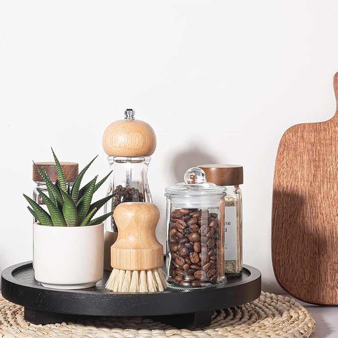 Round Decorative Tray Wood Bathroom Counter Organizer Farmhouse Kitchen Decor Wooden Riser for Soap Dish, Perfume, Candle, Sponge, 10" - Black