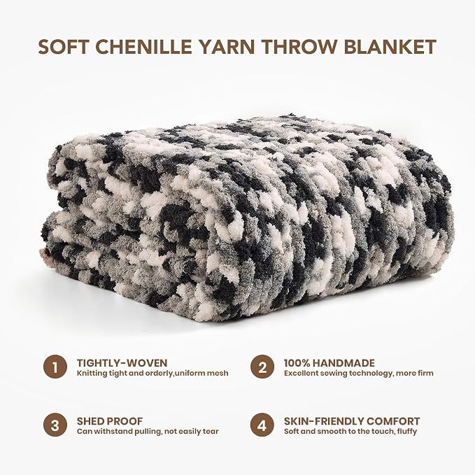 L'AGRATY Chunky Knit Blanket Throw: 50''x60'' Chenille Chunky Knitted Throw Blankets for Bed Couch - Handmade Thick Cable Knit Blanket - Large Crochet Rope Blankets for Home Decor