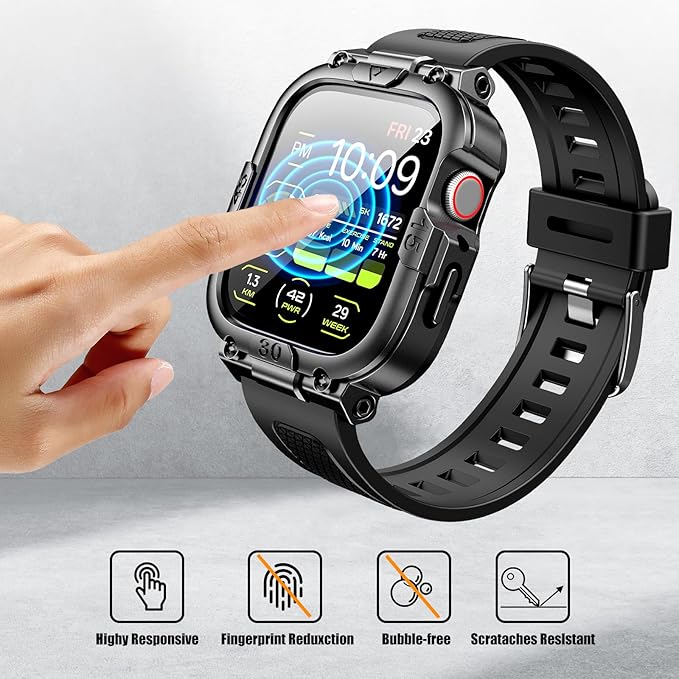 Dsytom Waterproof Case with Band Compatible for Apple Watch Band 46mm 45mm 44mm 42mm(S11/10) 41mm 40mm for Men,Rugged Smartwatch Strap with Built-in Tempered Glass Screen Protector for iWatch Series 11/10/9/8/7/6/5/4/SE