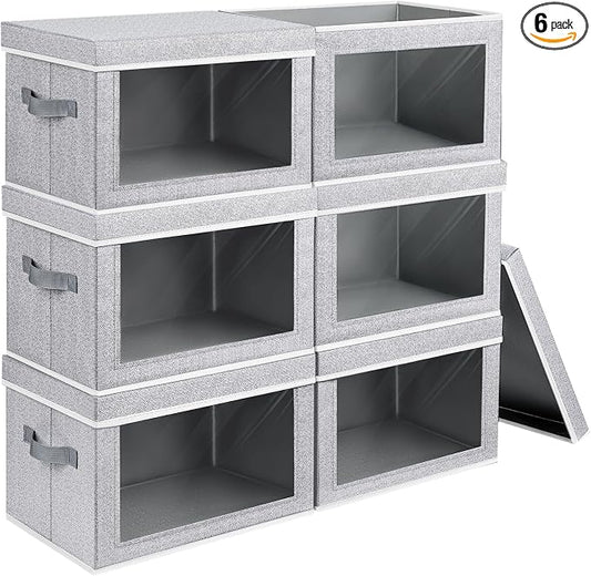 Homsorout Large Storage Baskets with Lids - Stackable Cube Bins for Closet, 6 Pack Windows Organizer Bins, Home Organizers and Storage for Clothes, CD, Towels, Light Grey
