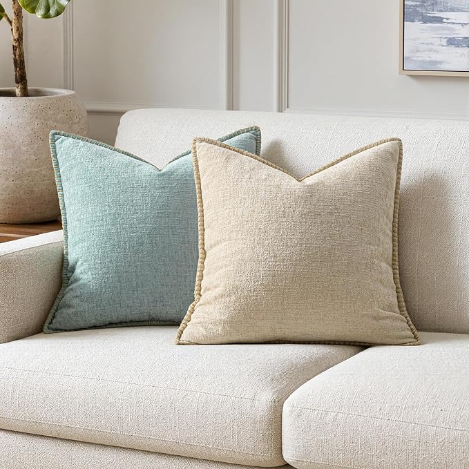 MIULEE Pack of 2 Summer Throw Pillow Covers 18x18 Inch Beige Farmhouse Decorative Pillow Covers with Stitched Edge Soft Chenille Solid Dyed Pillow Covers for Couch Sofa Bed Living Room