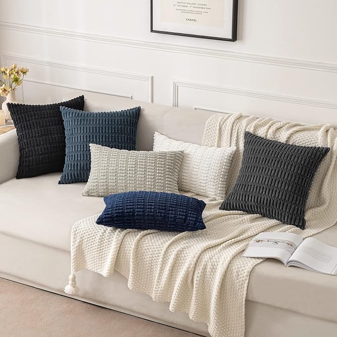 MIULEE Pack of 2 Corduroy Decorative Throw Pillow Covers 16x16 Inch Soft Boho Striped Pillow Covers Modern Farmhouse Home Decor for Sofa Living Room Couch Bed Pure White