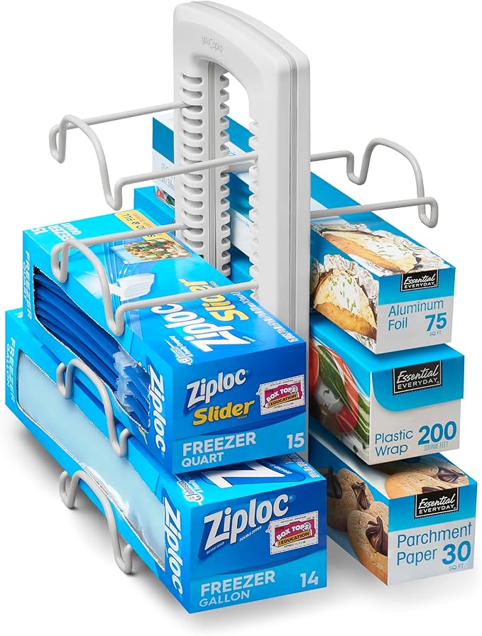 YouCopia WrapStand, Adjustable Kitchen Wrap, Foil and Bag Box Organizer for Kitchen Cabinet and Pantry Storage, White
