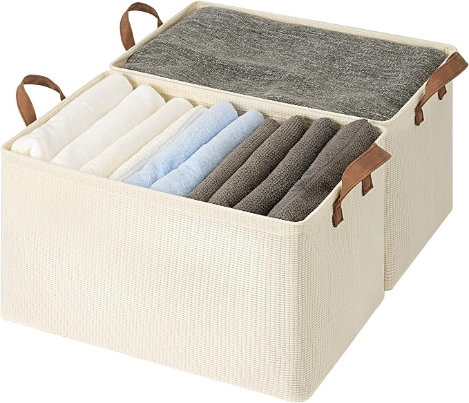 StorageWorks Storage Bins, Shelves Baskets for Organizing, 45L Extra Large Fabric Closet Organizers with Handles, Metal Frame, Beige-Texture, 2-Pack