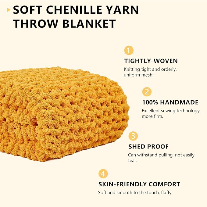 L'AGRATY Chunky Knit Blanket Throw: 80''x90'' Chenille Chunky Knitted Throw Blankets for Bed Couch - Handmade Thick Big Cable Knit Blanket - Large Crochet Rope Blankets for Home Decor(Yellow)