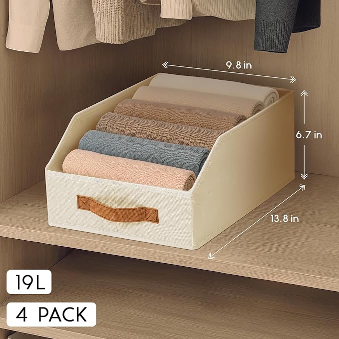 Homsorout Fabric Storage Bins for Organizing - 4 Pack Large Trapezoid Collapsible Storage Bins with Front Handle, Closet Organizers and Storage for Bedroom, Home Shelves, Small Spaces, Beige