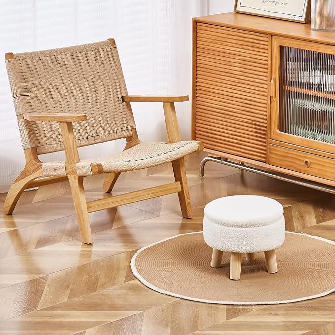 Wimarsbon Storage Ottoman, Modern Round Footrest with Soft Padded Seat, Teddy Velvet Footstool with Wood Legs, Accent Small Table or Plant Stand for Hallway, Living Room (Cream)