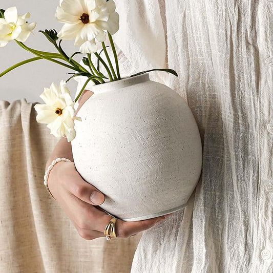 Small White Ceramic Vase - 6.3 Inch Rustic Farmhouse Flower Vase for Home Decor, Minimalist Vases for Living Room, Table, Bathroom, Holiday & Weddings (Sandstone White)