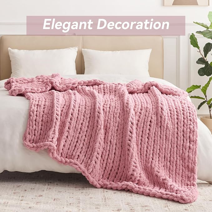 Negwoo Chunky Knit Throw Blanket, 60''*80'' Knitted Throw Chenille Yarn for Bed Couch, Handmade Light Pink Crochet Big Thick Blanket, Machine Washable Cute Comfy Blanket for Home Decor