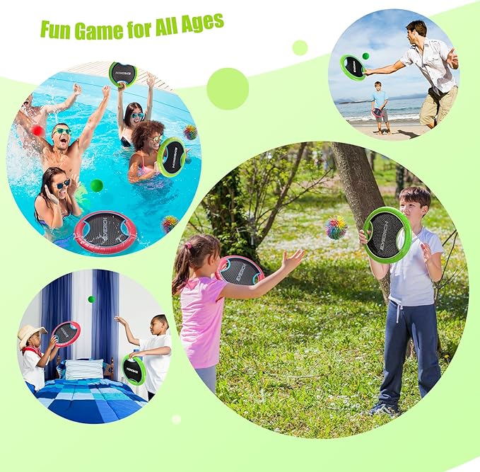 EVERICH TOY Trampoline Paddle Ball Set with 2 Bouncy Paddles & 4 Balls - Soft Foam Design for Kids Play Indoor Outdoor Beach Backyard Lawn - Great Gift Idea for Boys & Girls (Green & Red)
