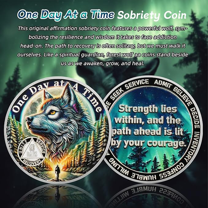 One Day at a Time 60 Day Sobriety Coin - Recovery Aurora Forest Wolf AA Coins - Addiction NA AA Chips and Medallions - Celebrate 1-30 Living Clean Sober Alcoholics Anonymous Gifts for Men Women