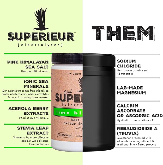 Superieur Electrolytes?“Plant Based Electrolyte Supplement w/Sea Minerals for Hydration & Recovery?“Keto Friendly, Non-GMO, Zero Sugar, Vegan, Healthy Sports Drink Powder?“Lime Blueberry (70 Servings)