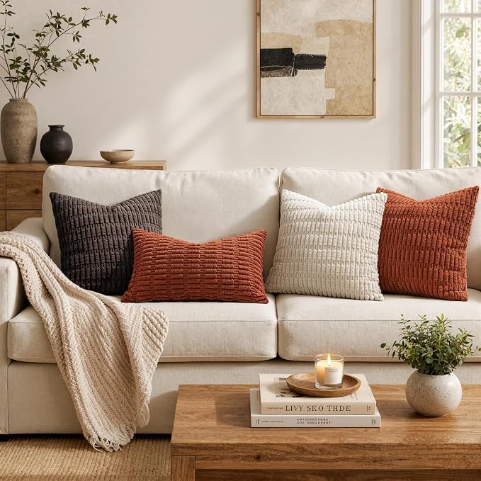 MIULEE Pack of 2 Corduroy Decorative Throw Pillow Covers 16x16 Inch Soft Boho Striped Pillow Covers Modern Farmhouse Home Decor for Sofa Living Room Couch Bed Rust