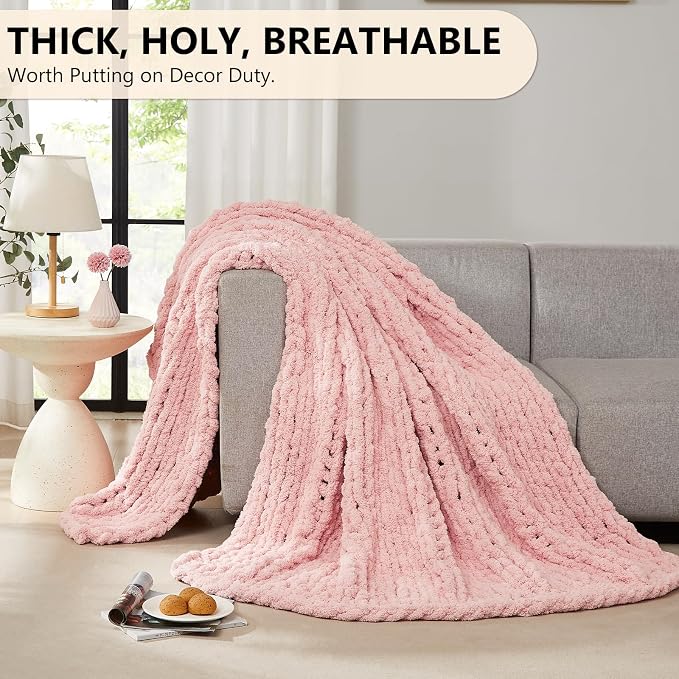 L'AGRATY Chunky Knit Blanket Throw: 72''x84'' Chenille Chunky Knitted Throw Blankets for Bed Couch - Handmade Thick Big Cable Knit Blanket - Large Crochet Rope Blankets for Home Decor(Pink)
