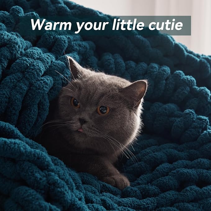 Negwoo Chunky Knit Throw Blanket, 60''*80'' Knitted Throw Chenille Yarn for Bed Couch, Handmade Peacock Blue Crochet Big Thick Blanket, Machine Washable Cute Comfy Blanket for Home Decor