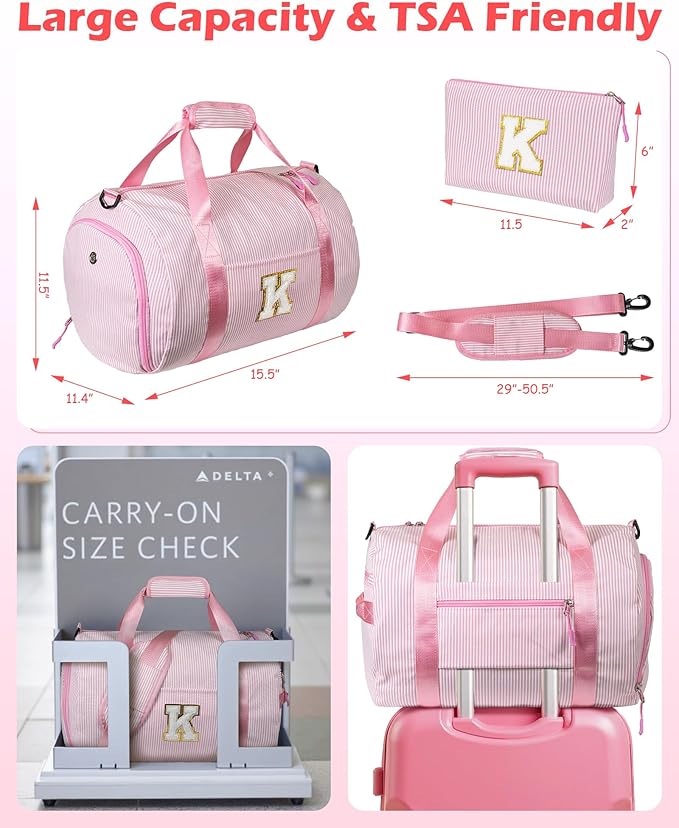 Sweet 16 Gifts for Girls, Girl Gym Bag, Kids Initial Overnight Duffel Bags with Shoe Compartment, Personalized Travel Bag with Makeup Pouch, Girly Cute Stuff Trip Essentials (Letter J)