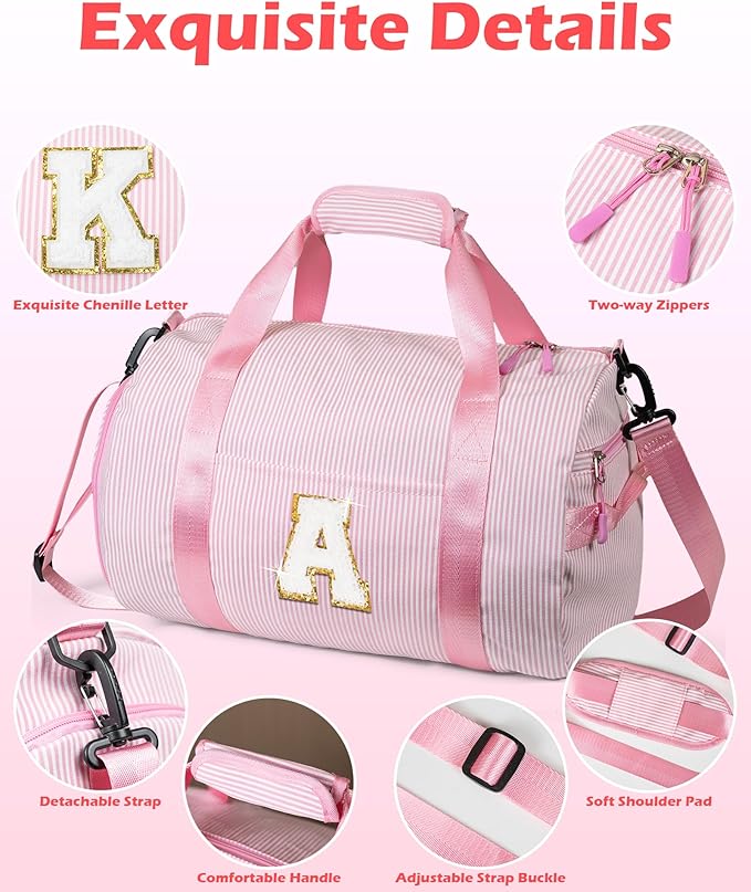 Gift for 11 12 13 14 15 16 Years Old Girls, Girl Gym Bag, Kids Initial Overnight Duffel Bags with Shoe Compartment, Personalized Travel Bag with Makeup Pouch, Cute Birthday Gifts (Letter A)