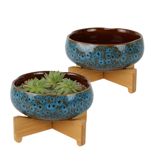 Qijoys 2 Pcs Lotus Bowl Planter with Base Ceramic Hydroponic Planter Water Lily Bowl for Planting Aquatic and Indoor Plants Household Ceramic Basin Decor(Blue)