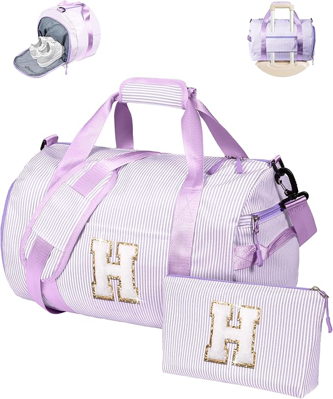 Gifts for 3 4 5 6 7 8 9 10 Year Old Girls, Girl Gym Bag, Kids Initial Overnight Duffel Bags with Shoe Compartment, Personalized Dance Bag with Makeup Pouch, Gift for Daughter (Letter H)