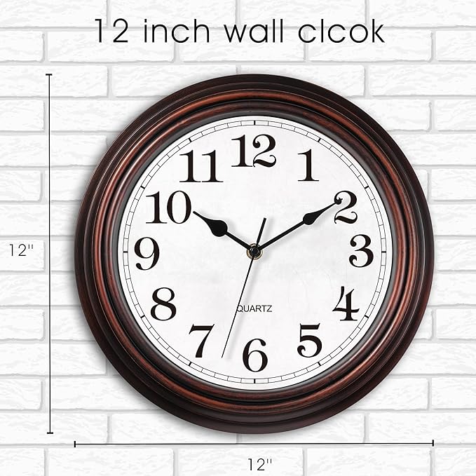 Wall Clock, 12 Inch Vintage Retro Silent Quality Wall Clocks Battery Operated Non-Ticking, Round Decorative Kitchen Home Office Bedroom Living Room(Bronze)