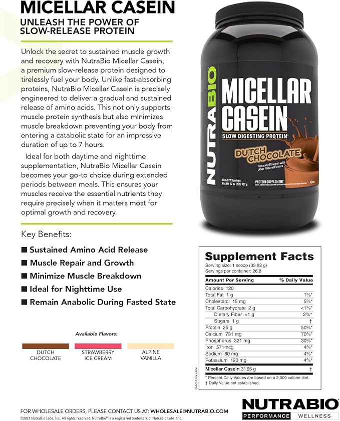 NutraBio Casein Protein Powder, Micellar Casien Powder, 25g Slow Digesting Protein, Helps Keep You Full, Overnight Muscle Recovery & Growth, BCAA & EAA, Gluten Free, Soy Free, 2lb Chocolate
