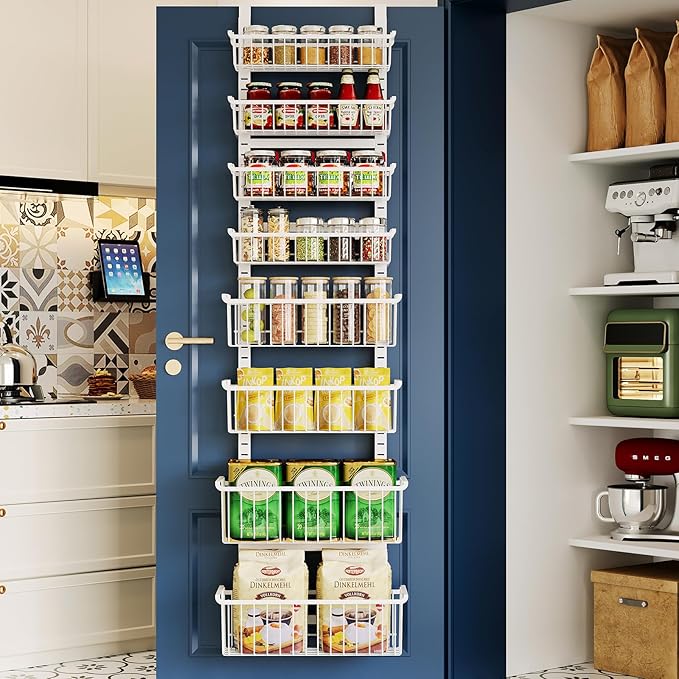 Over The Door Pantry Organizer, 8-Tier Over The Door Organizer with Adjustable Baskets, Metal Hanging Spice Rack for Pantry Organizers and Storage, Suitable for Kitchen Laundry Room & Bathroom, White