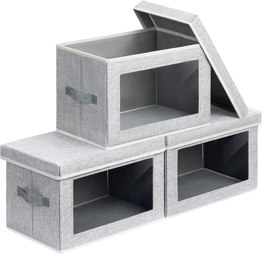 Homsorout Storage Boxes with Lids - 3 Pack Fabric Clear Window Storage Bins, Collapsible Storage Bins with Lids, Linen Closet Organizer for Clothes, Towel, Blanket, Light Grey