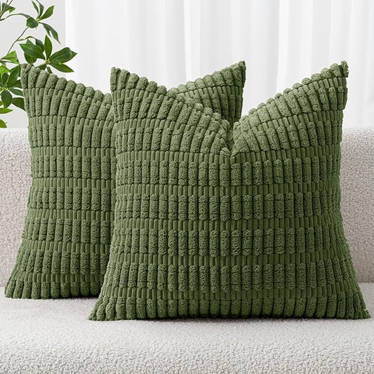 MIULEE Pack of 2 Spring Corduroy Decorative Throw Pillow Covers 16x16 Inch Soft Boho Striped Pillow Covers Modern Farmhouse Home Decor for Summer Sofa Living Room Couch Bed Moss Green