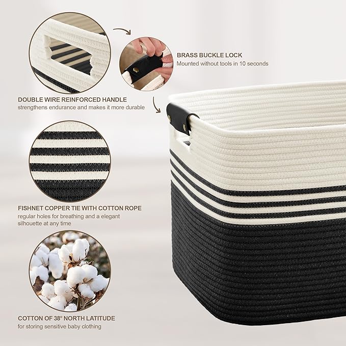 45L Small Laundry Basket with Leather Handles for Living Room Storage, Woven Rope Baskets Bin for Blanket, Kids Toy, Gifts, Wicker Hamper for Bedroom Dirty Clothes, 18"x14"x11" White Black