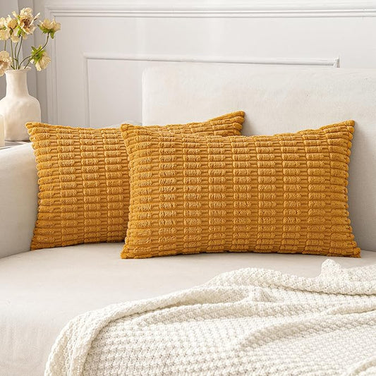 MIULEE Pack of 2 Corduroy Decorative Lumbar Throw Pillow Covers 20x12 Inch Soft Boho Striped Pillow Covers Modern Farmhouse Home Decor for Summer Sofa Living Room Couch Bed Gold Yellow