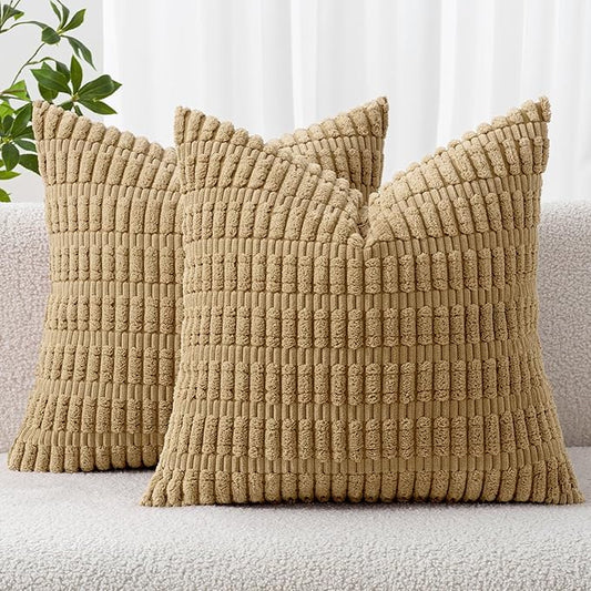 MIULEE Pack of 2 Corduroy Decorative Throw Pillow Covers 20x20 Inch Soft Boho Striped Pillow Covers Modern Farmhouse Home Decor for Sofa Living Room Couch Bed Khaki