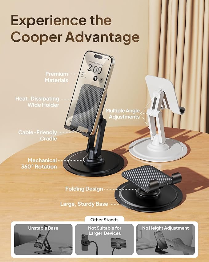 COOPER 360° Stand, Rotating Cell Phone Stand for Desk | Sturdy Metal Base, Foldable, Portable | Cell Phone Holder for Desk (Piano Black)