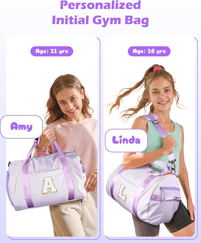 Birthday Gifts for 8 Years Old Girls, Girl Gym Bag, Kids Initial Overnight Duffel Bags with Shoe Compartment, Personalized Dance Bag with Makeup Pouch, Cute Stuff for Little Girls (Letter L)