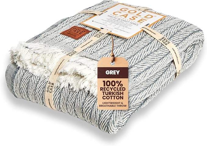 Gold Case Throw Blanket for Couch - 100% Recycled Turkish Cotton Blankets & Throws - Vintage Soft Throw Blankets for Living Room - Boho Decorative Woven Couch Blanket - 50x60 - Grey