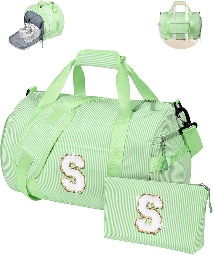 Cool Stuff for Teen, Girl Gym Bag, Kids Monogram Overnight Duffel Bags with Shoe Compartment, Personalized Travel Bag with Makeup Pouch, Gift for 7 8 9 10 11 12 13 Year Old Girls (Letter S)