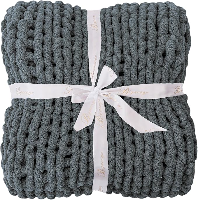 Bigacogo Chunky Knit Throw Blanket for Couch, 40x60 inches, 100% Hand Knitted with Thick Jumbo Chenille Yarn, Cozy Soft Large Rope Knot Cable Crochet Blankets for Sofa Bed Living Room, Iron Gray