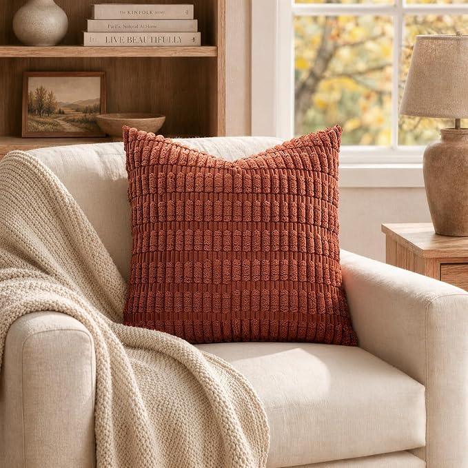 MIULEE Pack of 2 Rust Corduroy Decorative Pillow Covers 20x20 Inch Soft Boho Striped Throw Pillow Covers Modern Farmhouse Home Decor for Summer Sofa Living Room Couch Bed
