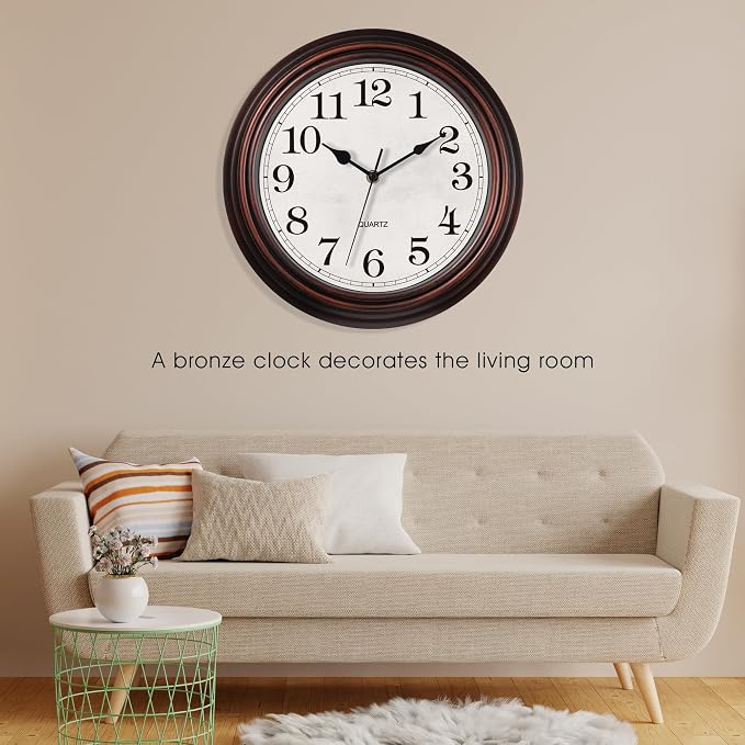 Wall Clock, 12 Inch Vintage Retro Silent Quality Wall Clocks Battery Operated Non-Ticking, Round Decorative Kitchen Home Office Bedroom Living Room(Bronze)