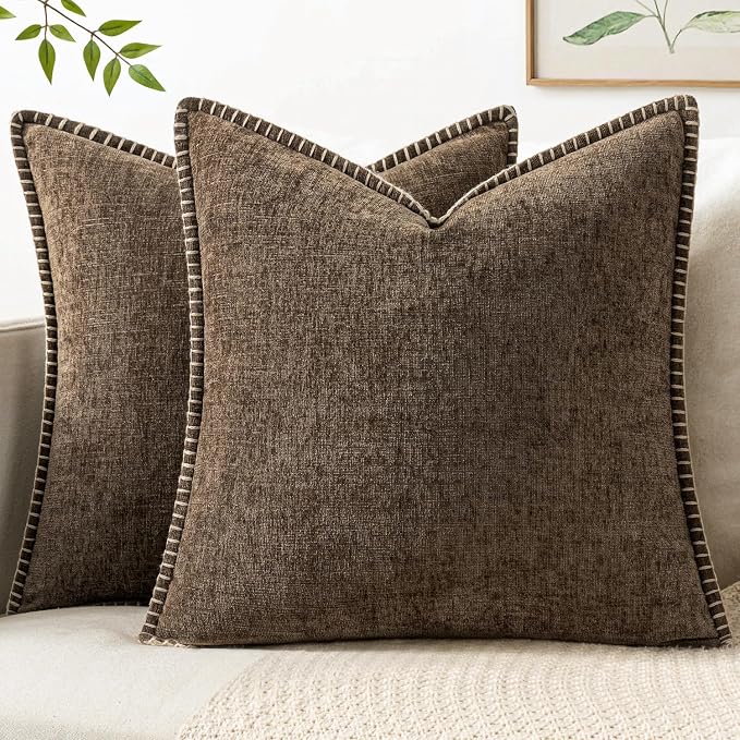 MIULEE Pack of 2 Couch Throw Pillow Covers 20x20 Inch Brown Farmhouse Decorative Pillow Covers with Stitched Edge Soft Chenille Solid Dyed Pillow Covers for Sofa Bed Living Room
