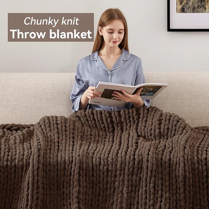 Negwoo Chunky Knit Throw Blanket, 30''*40'' Knitted Throw Chenille Yarn for Bed Couch, Handmade Dark Brown Crochet Big Thick Blanket, Machine Washable Cute Comfy Blanket for Home Decor