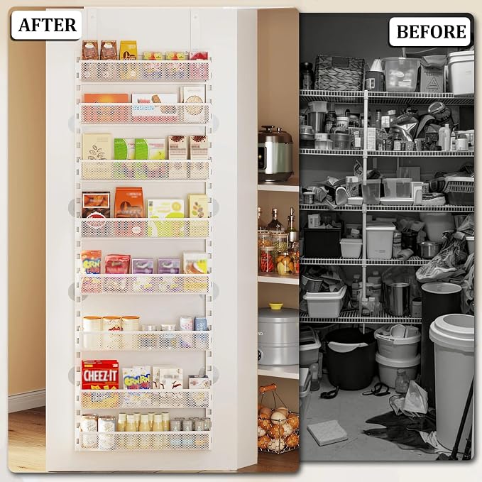 Over the Door Pantry Organizer, 8-Tier Over the Door Spice Rack with Adjustable Baskets, Wall-Mounted or Hanging Shelves for Kitchen, Laundry Room, Bathroom(White, 16.65"W x 5.2"D x 72.6"H)