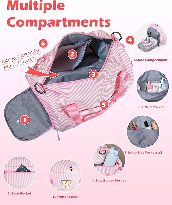 Easter Basket Essentials, Girl Gym Bag, Kids Initial Overnight Duffel Bags with Shoe Compartment, Personalized Travel Bag with Makeup Pouch, Teen Girls Gift Trendy Stuff (Letter F)
