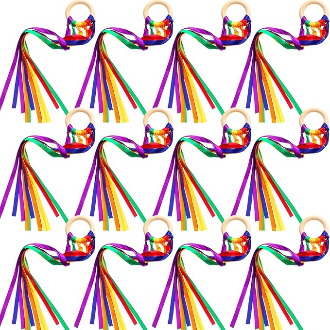12 Pcs Rainbow Ribbon Wooden Waldorf Toys Creative Waldorf Hand Kite Set Streamers with Wood Ring Sensory Learning Educational Toy for Playroom Dancing Birthday (Vibrant Color)